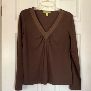 Sigrid Olsen Brown V-Neck 100% Cotton Long Sleeve Top Women’s Medium